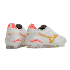 Chuteira Campo FG Mizuno Morelia Neo IV Elite Branca Laranja e Amarela
