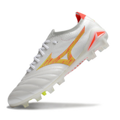 Chuteira Campo FG Mizuno Morelia Neo IV Elite Branca Laranja e Amarela