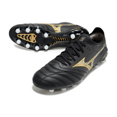Chuteira Campo Mizuno Morelia Neo IV Elite FG Preta e Dourada