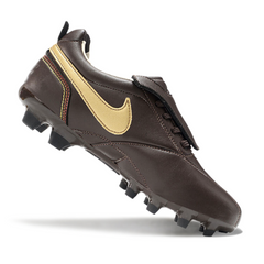 Chuteira Campo FG Nike Tiempo R10 Legend Elite Marrom e Dourada Com Língua