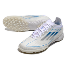 Botas de fútbol adidas F50 Elite TF blancas y azules de la Society