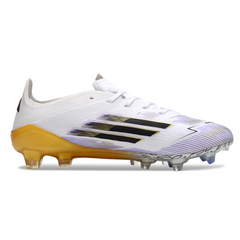 Botas de fútbol Adidas F50 Elite FG para niños en blanco, negro y dorado