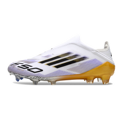 Botas de fútbol Adidas F50 Elite Laceless FG para niños, color blanco, negro y dorado