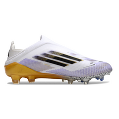 Botas de fútbol Adidas F50 Elite Laceless FG para niños, color blanco, negro y dorado