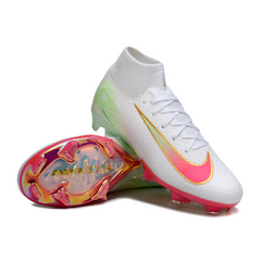 Chuteira Infantil Campo Nike Air Zoom Mercurial Superfly 10 Elite FG Branca, Rosa e Verde