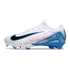 Chuteira Infantil Campo Nike Air Zoom Mercurial Vapor 16 Elite FG Branca e Azul Claro
