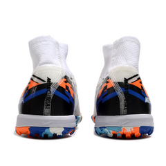 Botas de fútbol Nike Zoom Mercurial Superfly 10 Elite TF para niños en blanco, azul y naranja