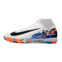 Botas de fútbol Nike Zoom Mercurial Superfly 10 Elite TF para niños en blanco, azul y naranja