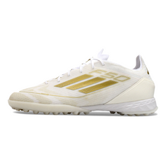 Chuteira Society TF Adidas F50 Elite Branca e Dourada
