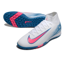 Chuteira Society TF Nike Zoom Mercurial Superfly 10 Elite Branca, Azul-Clara e Rosa