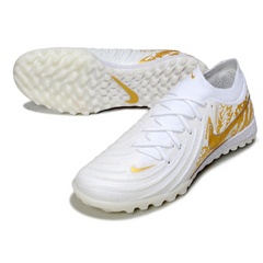 Chuteira Society TF Nike Phantom GX2 Elite Branca e Dourada