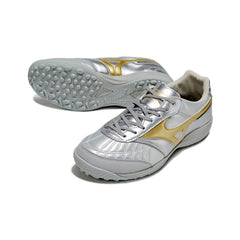 Chuteira Society TF Mizuno Morelia Neo 4 Prateada e Dourada