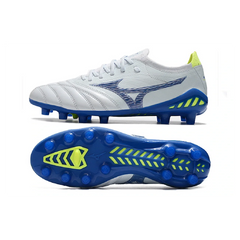 Chuteira Campo FG Mizuno Morelia Neo III Elite Branca, Azul e Verde