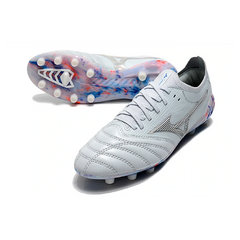 Chuteira Campo FG Mizuno Morelia Neo III Elite Branca Azul and Vermelha