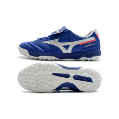 Chuteira Society TF Mizuno Morelia Sala Classic Azul e Branca e Vermelha