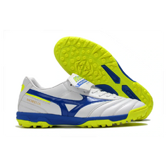 Chuteira Society TF Mizuno Morelia Sala Classic Branca, Azul e Amarela