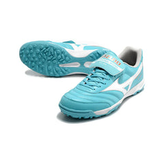 Chuteira Society TF Mizuno Morelia Azul-Clara e Branca