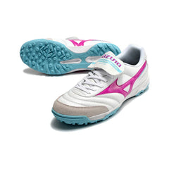 Chuteira Society TF Mizuno Morelia Branca, Rosa e Azul