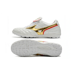 Chuteira Society TF Mizuno Wave Cup Branca e Dourada