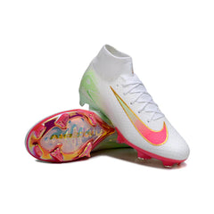 Chuteira Campo FG Nike Air Zoom Mercurial Superfly 10 Elite Branca, Rosa e Verde Infantil