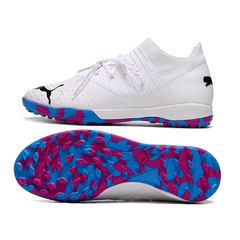Chuteira Society TF Puma Future Z 1.3 Branca, Rosa e Azul