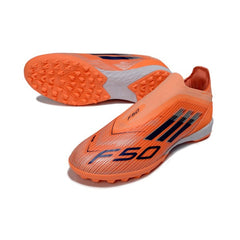Chuteira Society TF Adidas F50 Elite Sem Cadarço Laranja e Azul Infantil
