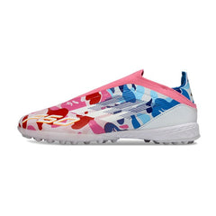 Chuteira Society TF Adidas F50 Elite Sem Cadarço Branca e Rosa, Azul Infantil
