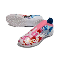 Chuteira Society TF Adidas F50 Elite Sem Cadarço Branca e Rosa, Azul Infantil