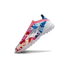Chuteira Society TF Adidas F50 Elite Sem Cadarço Branca e Rosa, Azul Infantil