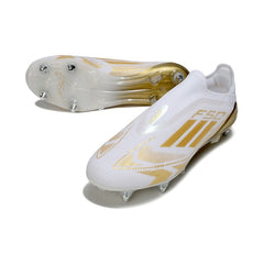 Chuteira Campo Molhado SG Adidas F50 Elite Sem Cadarço Branca e Dourada