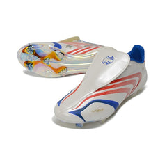 Chuteira Campo FG Adidas F50 Sem Cadarço Elite Branco, Azul e Laranja