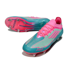 Chuteira Campo Molhado SG Adidas F50 Primeknit Elite Azul-Clara e Rosa Messi