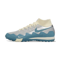 Chuteira Society TF Nike x Patta Zoom Mercurial Superfly Elite Branco, Azul e Prateado