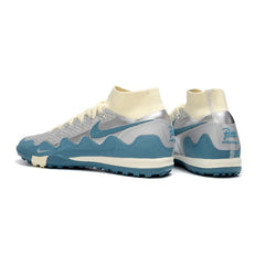 Chuteira Society TF Nike x Patta Zoom Mercurial Superfly Elite Branco, Azul e Prateado