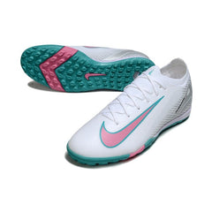 Chuteira Society TF Nike Zoom Mercurial Vapor 16 Elite Branca, Azul e Rosa