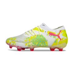 Chuteira Campo FG Puma Future 8 Cano Baixo Branca, Rosa e Amarela