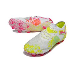 Chuteira Campo FG Puma Future 8 Cano Baixo Branca, Rosa e Amarela