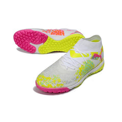 Chuteira Society TF Puma Future 8 Branca, Rosa e Amarela