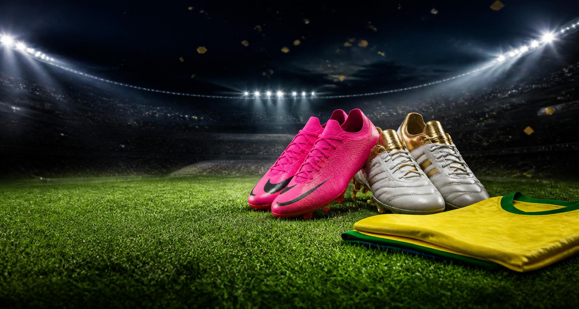 Chuteiras Nike Mercurial e Adidas Copa ao lado da camisa da seleção brasileira em um gramado de estádio