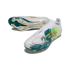 Chuteira Campo FG Adidas F50+ Elite Sem Cadarço Branca e Verde Pack Mo Salah