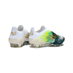 Chuteira Campo FG Adidas F50+ Elite Sem Cadarço Branca e Verde Pack Mo Salah