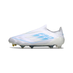 Chuteira Campo FG Adidas F50 Elite Sem Cadarço Branca e Azul-Clara