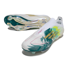 Chuteira Campo Adidas F50+ Elite Sem Cadarço FG Branco e Verde Mo Salah Pack