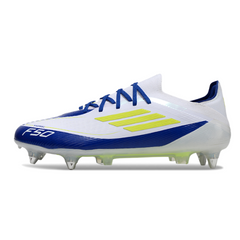 Botas de fútbol mixtas Adidas F50 Primeknit Elite SG Messi, en blanco, azul y amarillo