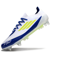 Botas de fútbol mixtas Adidas F50 Primeknit Elite SG Messi, en blanco, azul y amarillo