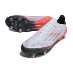 Botas de fútbol Adidas F50 Primeknit Elite SG con punta de aluminio en color blanco, gris y naranja