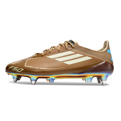 Botas de fútbol de campo con punta de aluminio Adidas F50 Elite SG Messi en marrón, blanco y azul claro