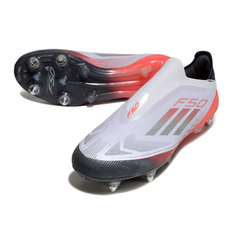 Botas de fútbol Adidas F50 Elite Laceless SG con punta de aluminio, color blanco, gris y naranja