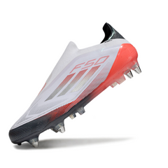 Botas de fútbol Adidas F50 Elite Laceless SG con punta de aluminio, color blanco, gris y naranja