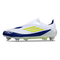 Botas de fútbol Adidas F50 Elite Laceless SG con punta de aluminio Messi blanco, azul y verde